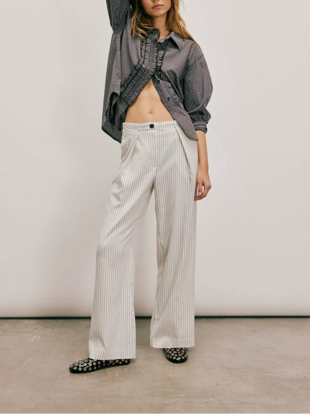 Free People It Factor Wide Leg Pinstripe Pants High Waist Pleated Ivory • Small